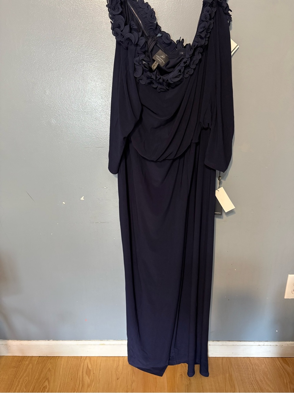 Adrianna Papell Navy Sleeveless Maxi Gown with Floral Applique